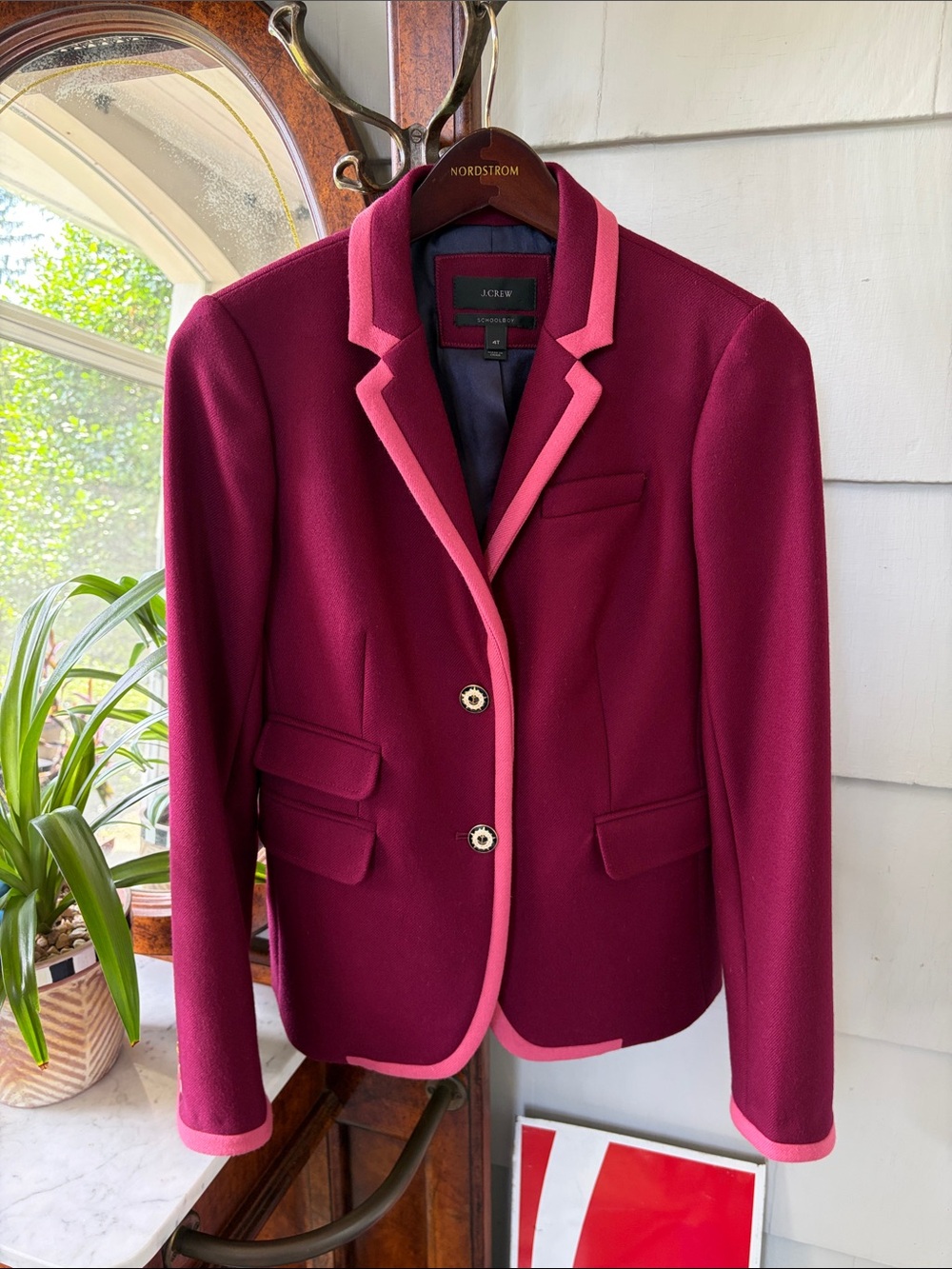 J. Crew Schoolboy Two-Tone Berry Blazer with Pink Trim Wool Lined